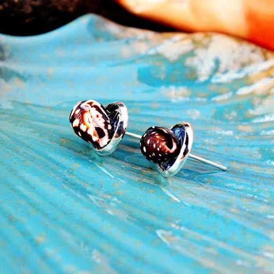 Silver Little Black Flower Conch Earrings