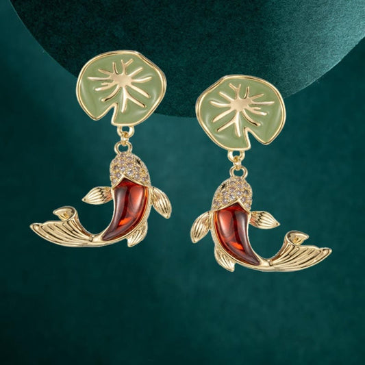 Red Koi Lotus Leaf Earrings