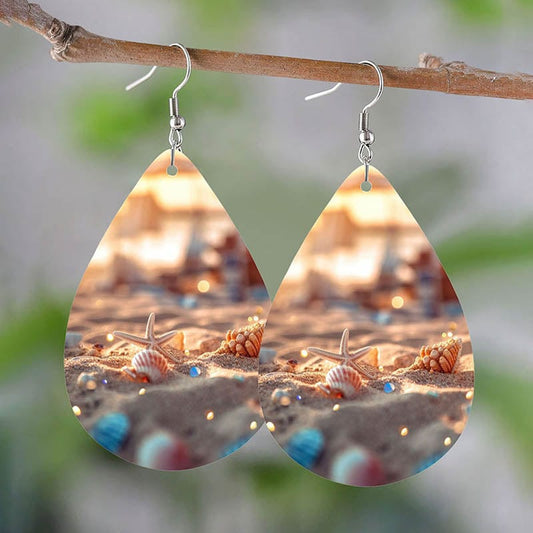 Silver Leather Beach Shell Earrings