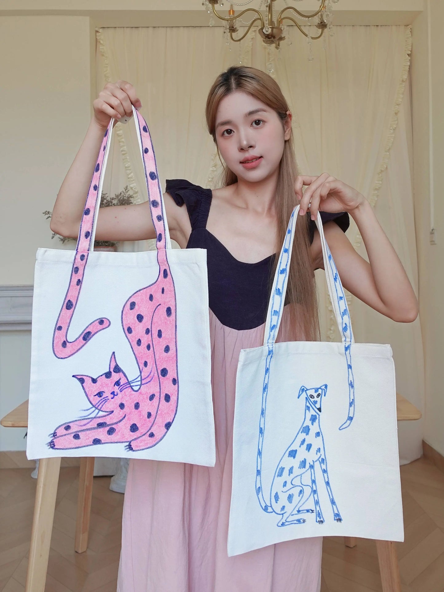 Hand-Painted Little Tails Animal Canvas Tote Bag Collection