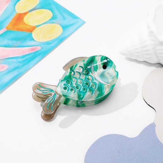 Medium White And Green Mixed Cartoon Fish Hair Claw