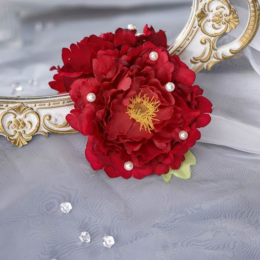 Medium Autumn Red Peony Flowers Hair Claw
