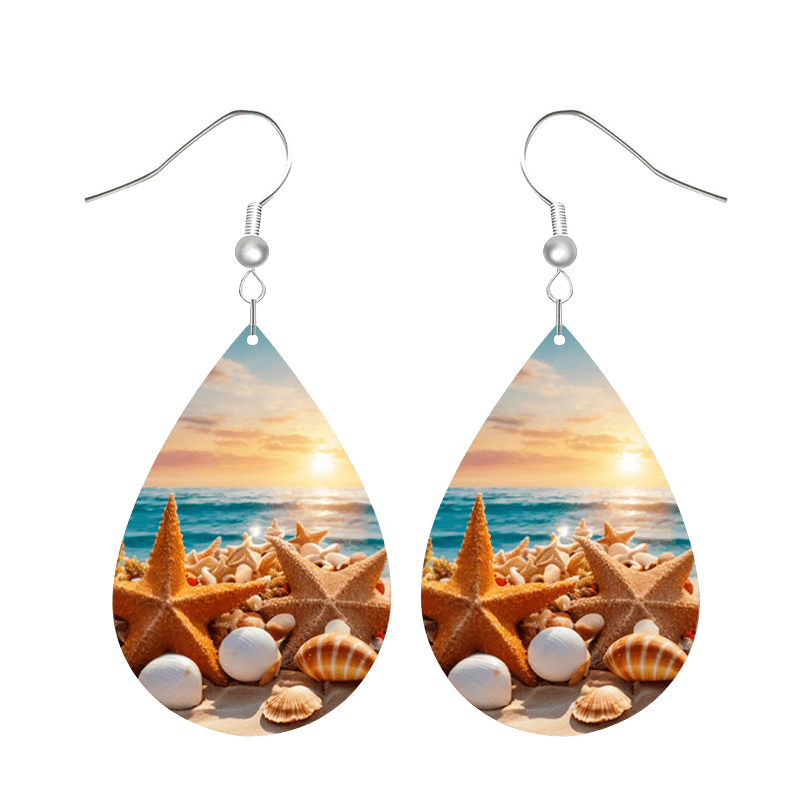 Silver Leather Beach Shell Earrings B