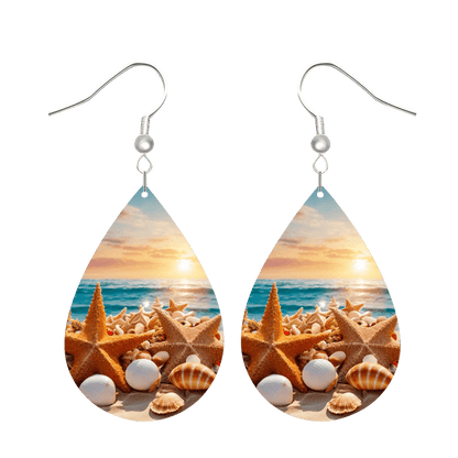 Silver Leather Beach Shell Earrings B