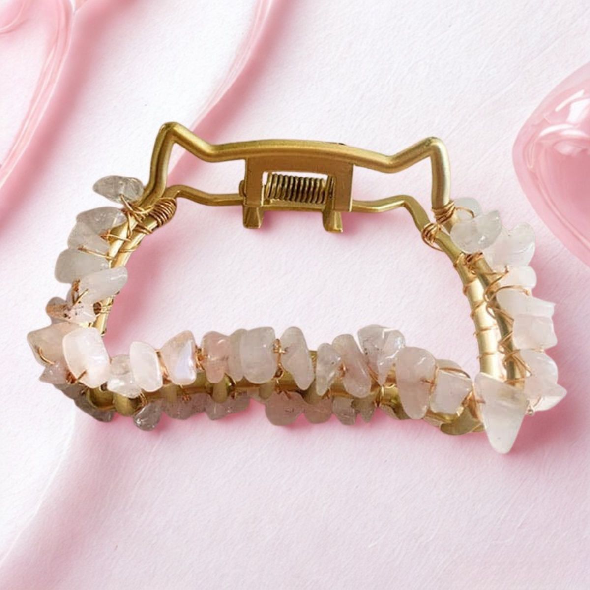 Pince à cheveux en métal avec pierre de guérison énergétique en quartz rose naturel | NueShiny
