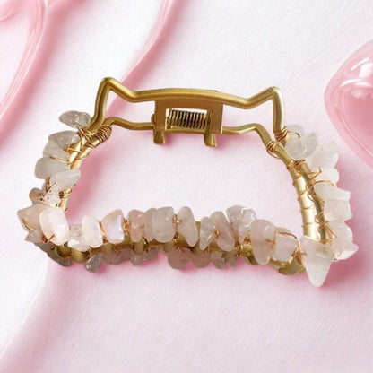 Pince à cheveux en métal avec pierre de guérison énergétique en quartz rose naturel | NueShiny