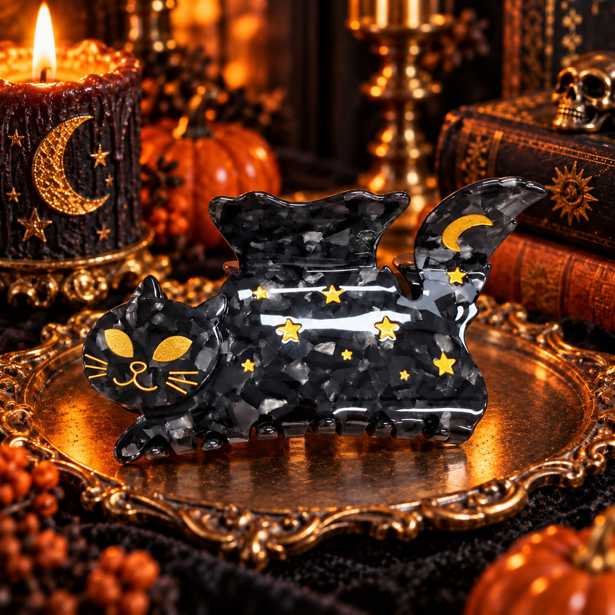 Large Black Cat Moon & Stars Hair Claw