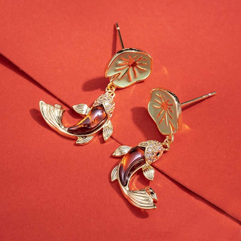 Red Koi Lotus Leaf Earrings