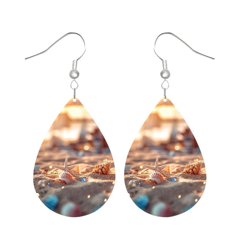 Silver Leather Beach Shell Earrings