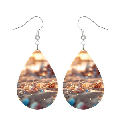 Silver Leather Beach Shell Earrings