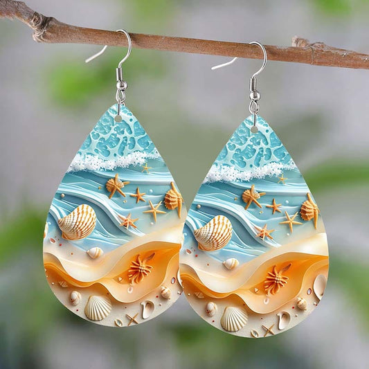 Silver Leather Beach Shell Earrings A