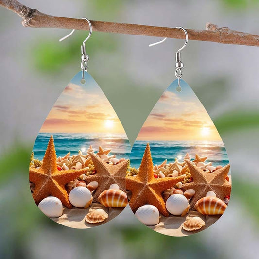 Silver Leather Beach Shell Earrings B