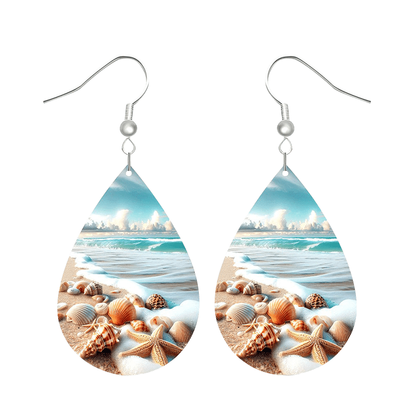 Silver Leather Beach Shell Earrings C