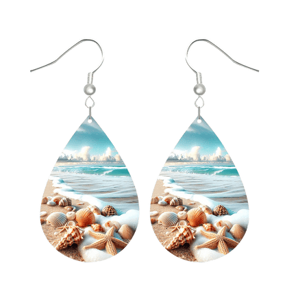 Silver Leather Beach Shell Earrings C