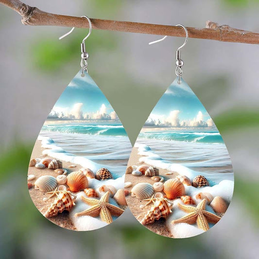Silver Leather Beach Shell Earrings C