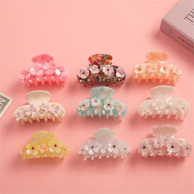 Drill Acetate Flower Cute Hair Claw In Light Blue
