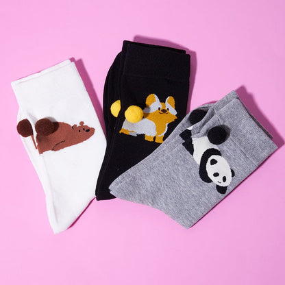 3-Pack Animal Crew Socks - Bear+Panda+Corgi Collection丨Lemonschunks