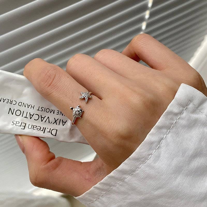 Sterling Silver Sea Turtle Starfish Adjustable Ring丨Lemonschunks