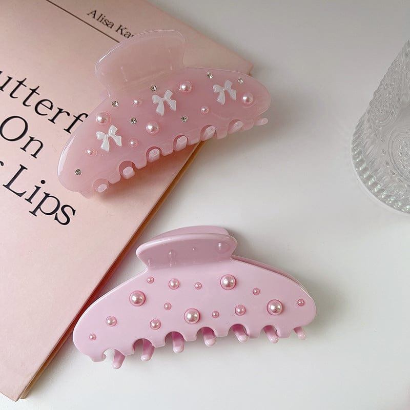 Cherry Pink Hair Claw with Pearls & White Bows