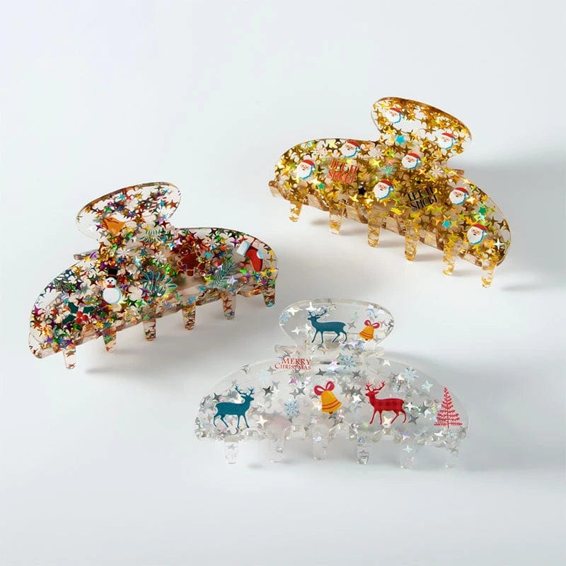Clear Glittery Christmas Hair Claw Clips