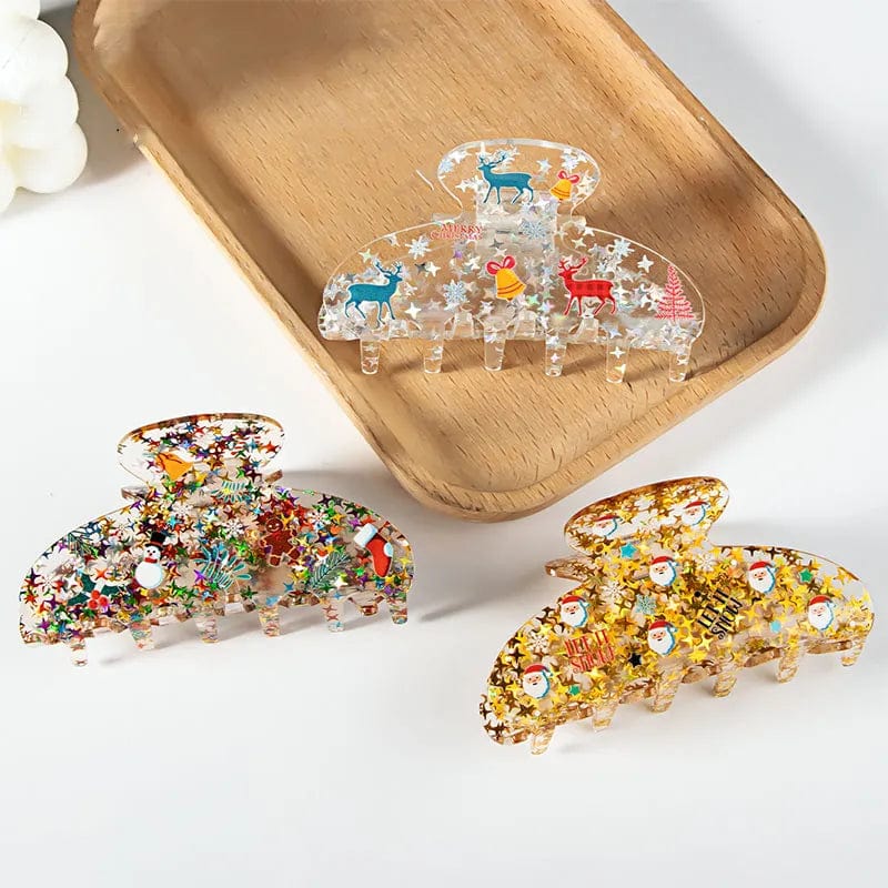 Clear Glittery Christmas Hair Claw Clips