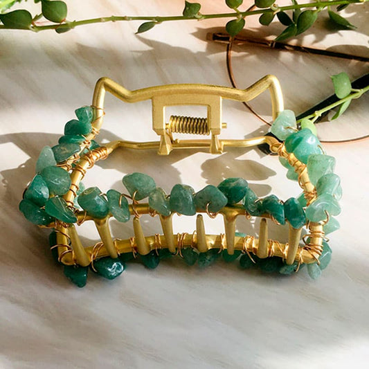 Pince à cheveux en métal avec pierre de guérison énergétique en aventurine naturelle | NueShiny