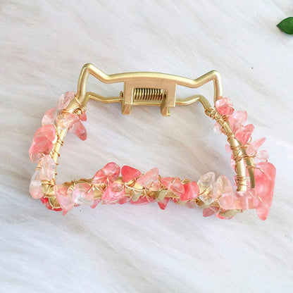 Pierre de guérison énergétique en quartz rose naturel, griffe à cheveux en métal | NueShiny
