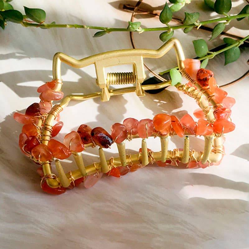 Natural Red Agate Gem Stone Metal Hair Claw