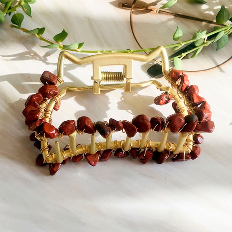 Natural Red Jasper Energy Healing Stone Metal Hair Claw