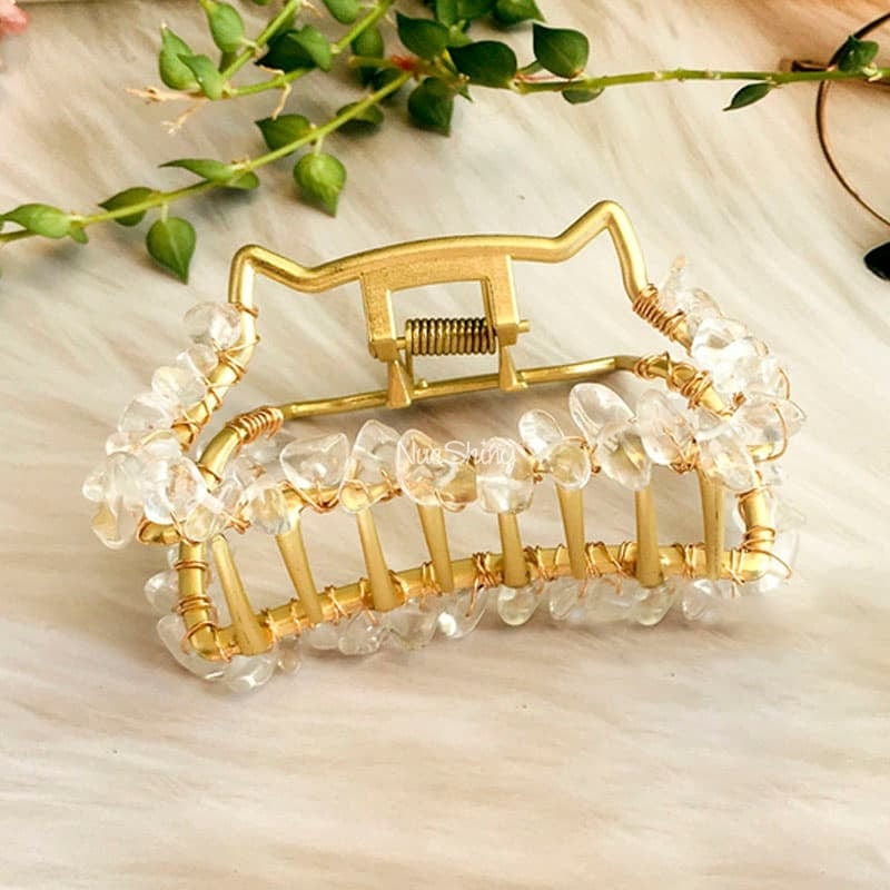 Natural Rock Crystal Energy Healing Stone Metal Hair Claw