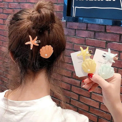 Orange Shell Pearl Starfish Hair Clip Set