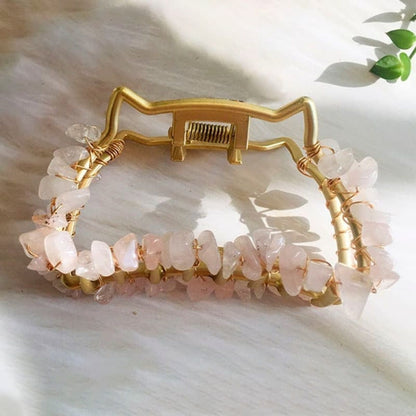 Pince à cheveux en métal avec pierre de guérison énergétique en quartz rose naturel | NueShiny