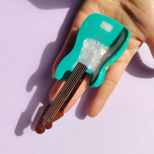 Vibrant Large Blue And Green Guitar Hair Claw