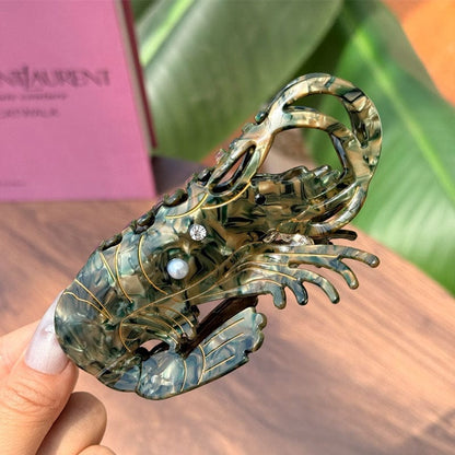 Medium Green And Yellow Striped Diamond-studded Lobster Hair Claw Clips