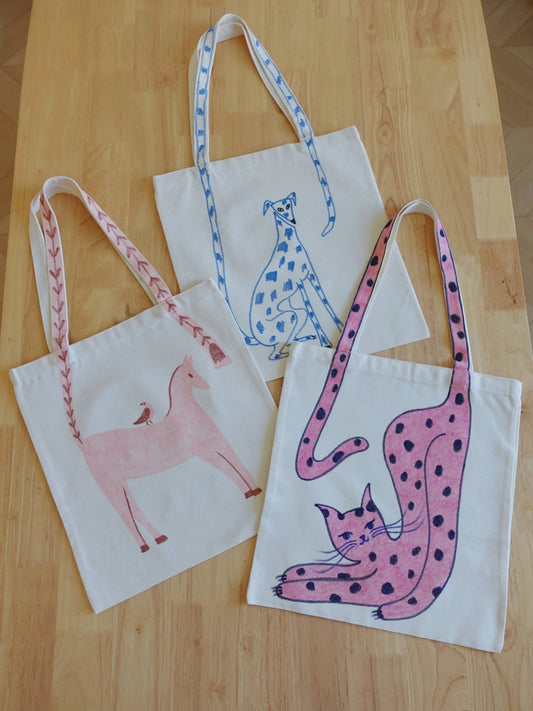 Hand-Painted Little Tails Animal Canvas Tote Bag Collection