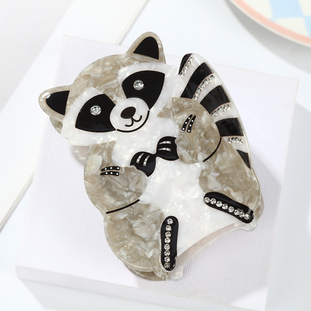 Large Grey White Rhinestone Raccoon Hair Claw