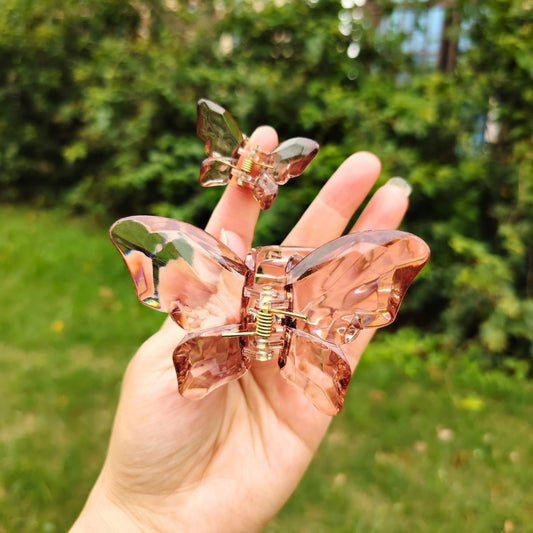 Transparent Diamond  Light Brown Mother & Baby Butterfly Hair Claw Clips Set