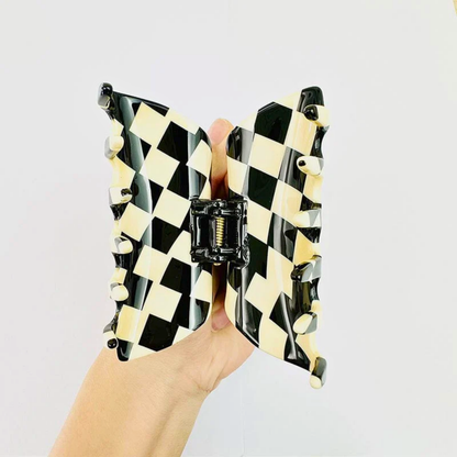 Medium Black White Checkerboard Waffle Hair Claw