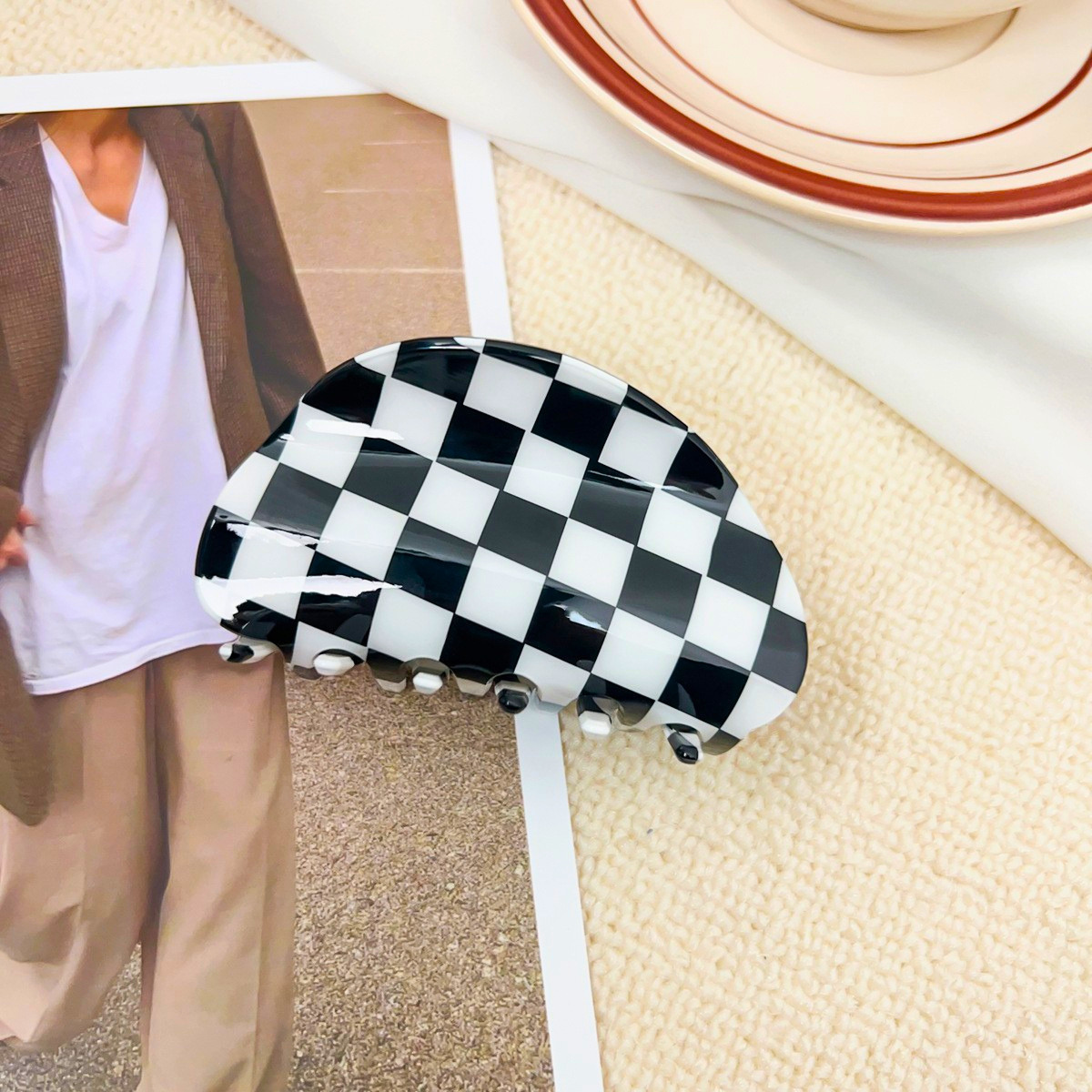 Medium Black White Checkerboard Waffle Hair Claw