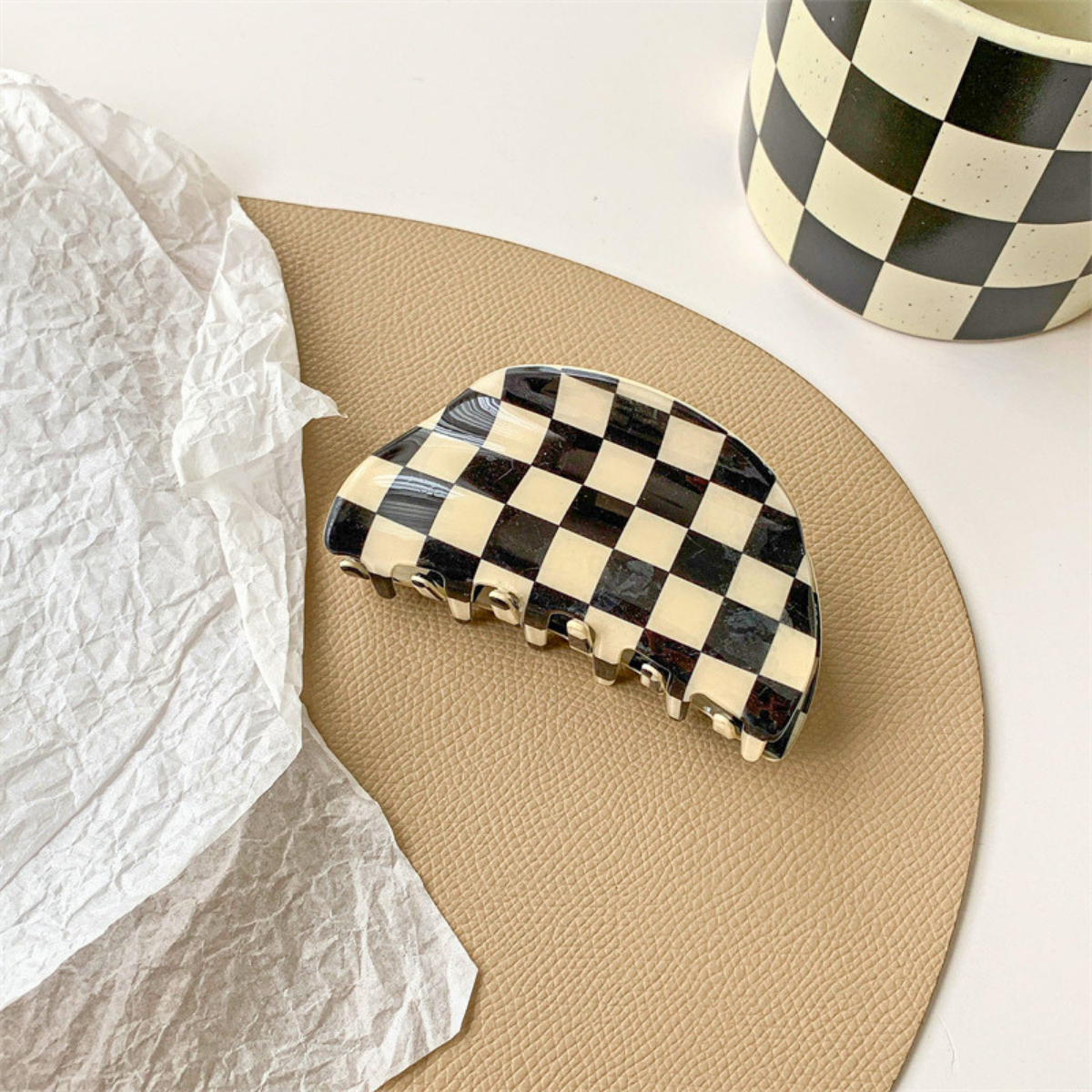 Medium Black White Checkerboard Waffle Hair Claw
