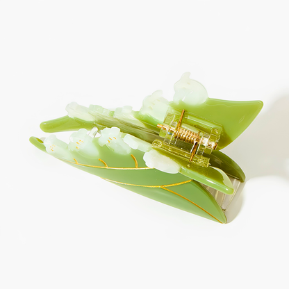 Medium Green Leaf White Lily of the Valley Hair Claw
