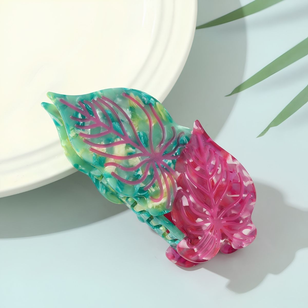 Medium Green Magenta Color Block Leaf Hair Claw