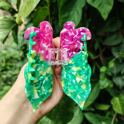 Medium Green Magenta Color Block Leaf Hair Claw