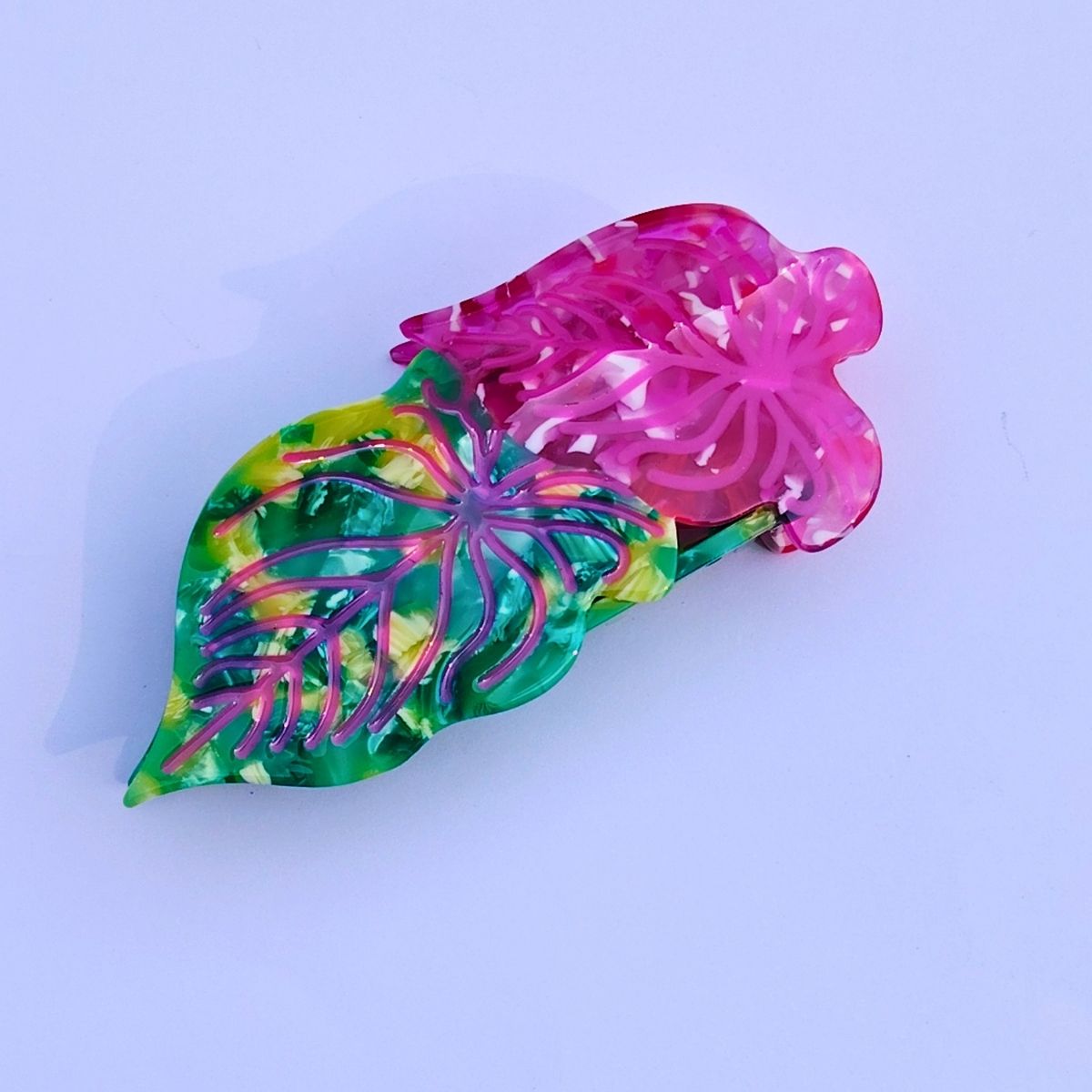 Medium Green Magenta Color Block Leaf Hair Claw
