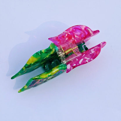 Medium Green Magenta Color Block Leaf Hair Claw