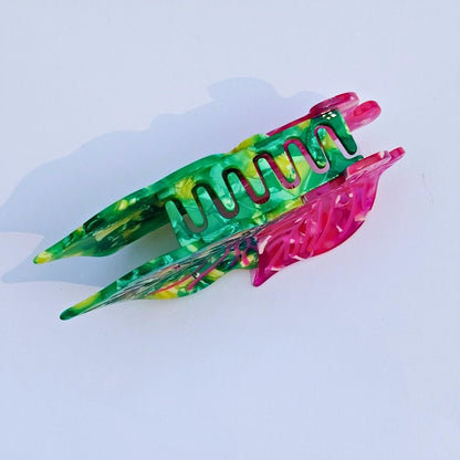 Medium Green Magenta Color Block Leaf Hair Claw