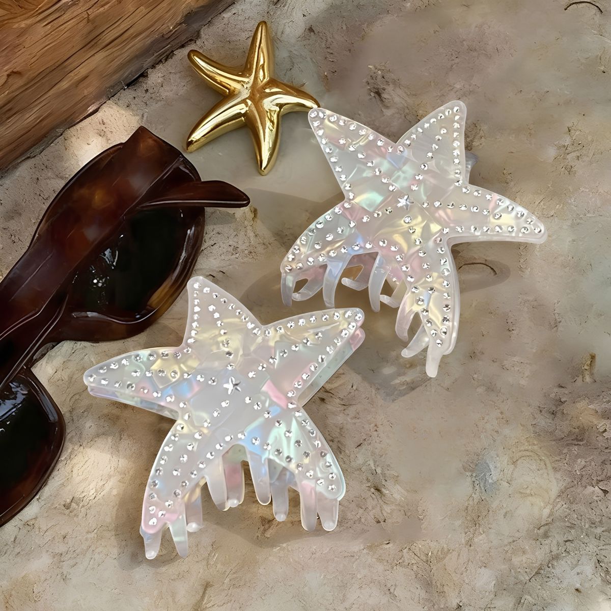 Medium Iridescent White Rhinestone Starfish Hair Claw