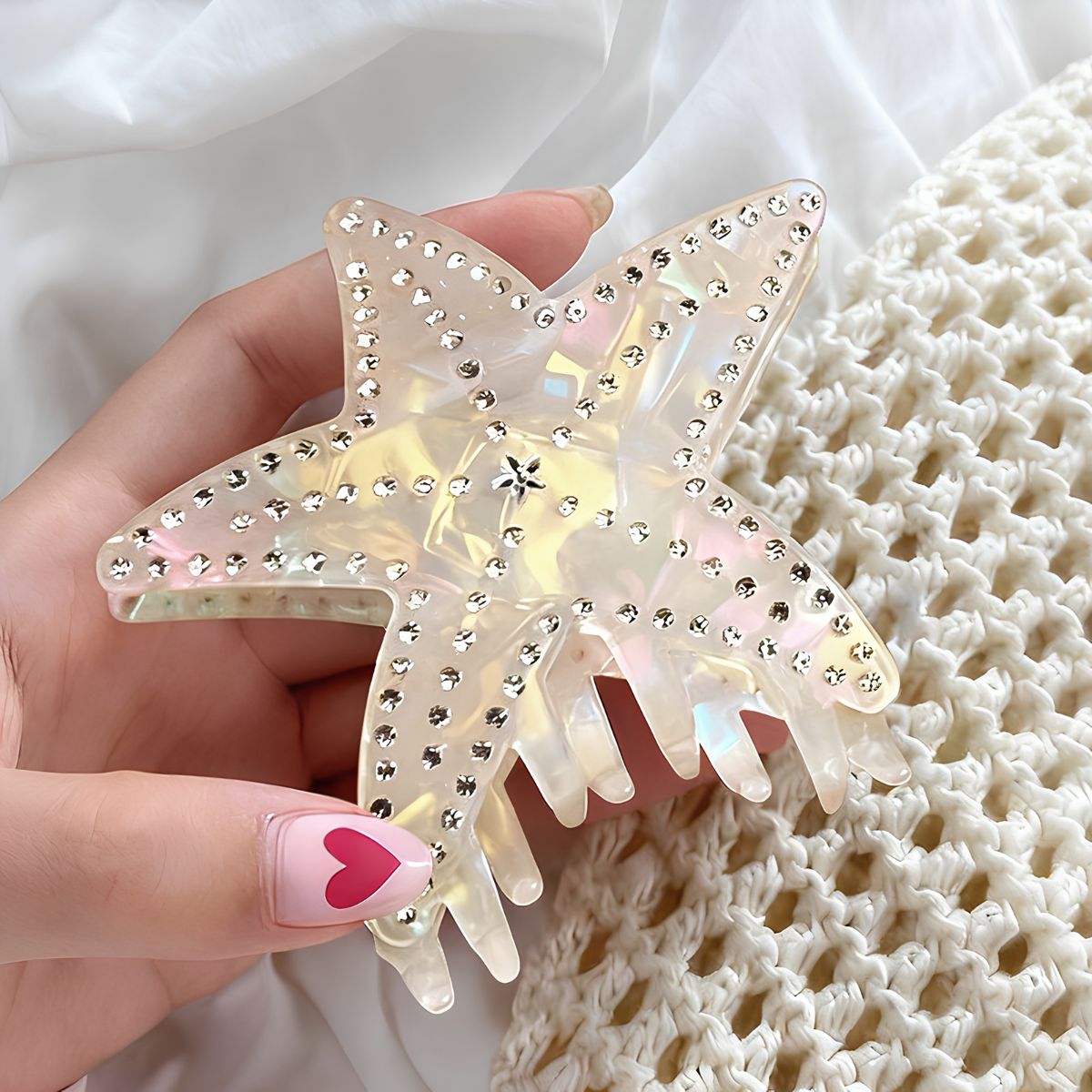 Medium Iridescent White Rhinestone Starfish Hair Claw