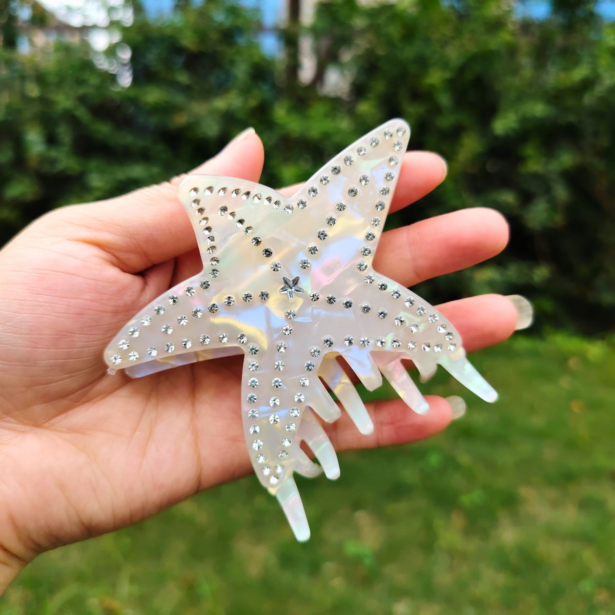 Medium Iridescent White Rhinestone Starfish Hair Claw