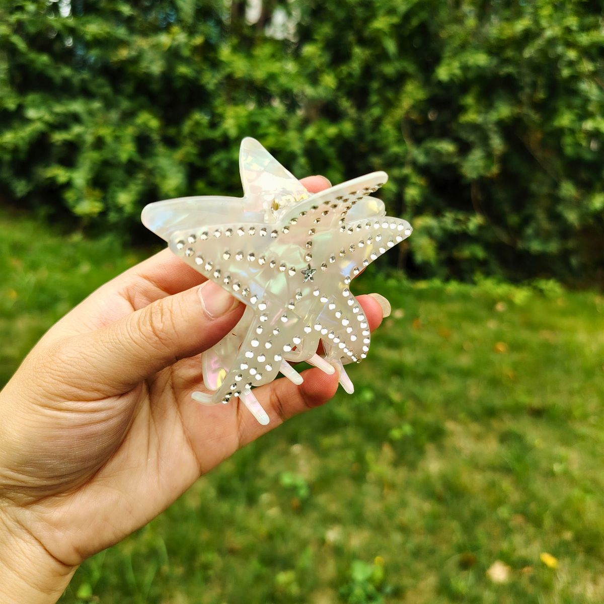 Medium Iridescent White Rhinestone Starfish Hair Claw